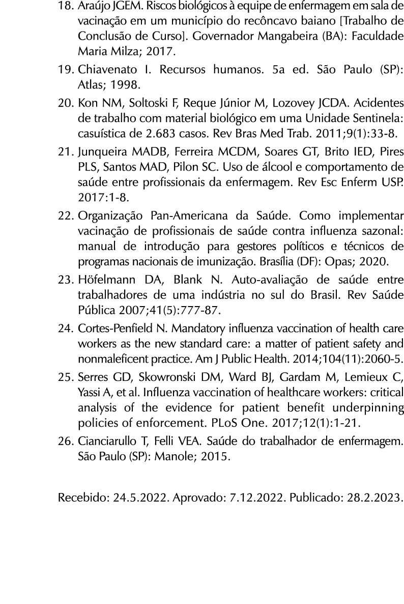 18. Ara jo JGEM. Riscos biol gicos  equipe de enfermagem em sala de vacina  o em um munic pio do rec ncavo baiano [T...