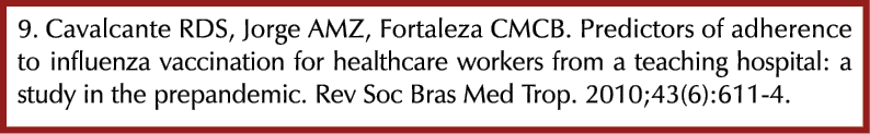 9. Cavalcante RDS, Jorge AMZ, Fortaleza CMCB. Predictors of adherence to influenza vaccination for healthcare workers...