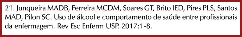 21. Junqueira MADB, Ferreira MCDM, Soares GT, Brito IED, Pires PLS, Santos MAD, Pilon SC. Uso de lcool e comportamen...